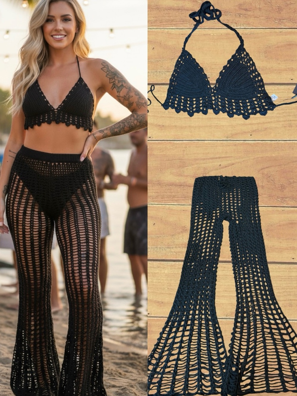 Fashion Nova Beach Front Fantasy Crochet Set Black 2‑Piece Halter & Pants M NWT